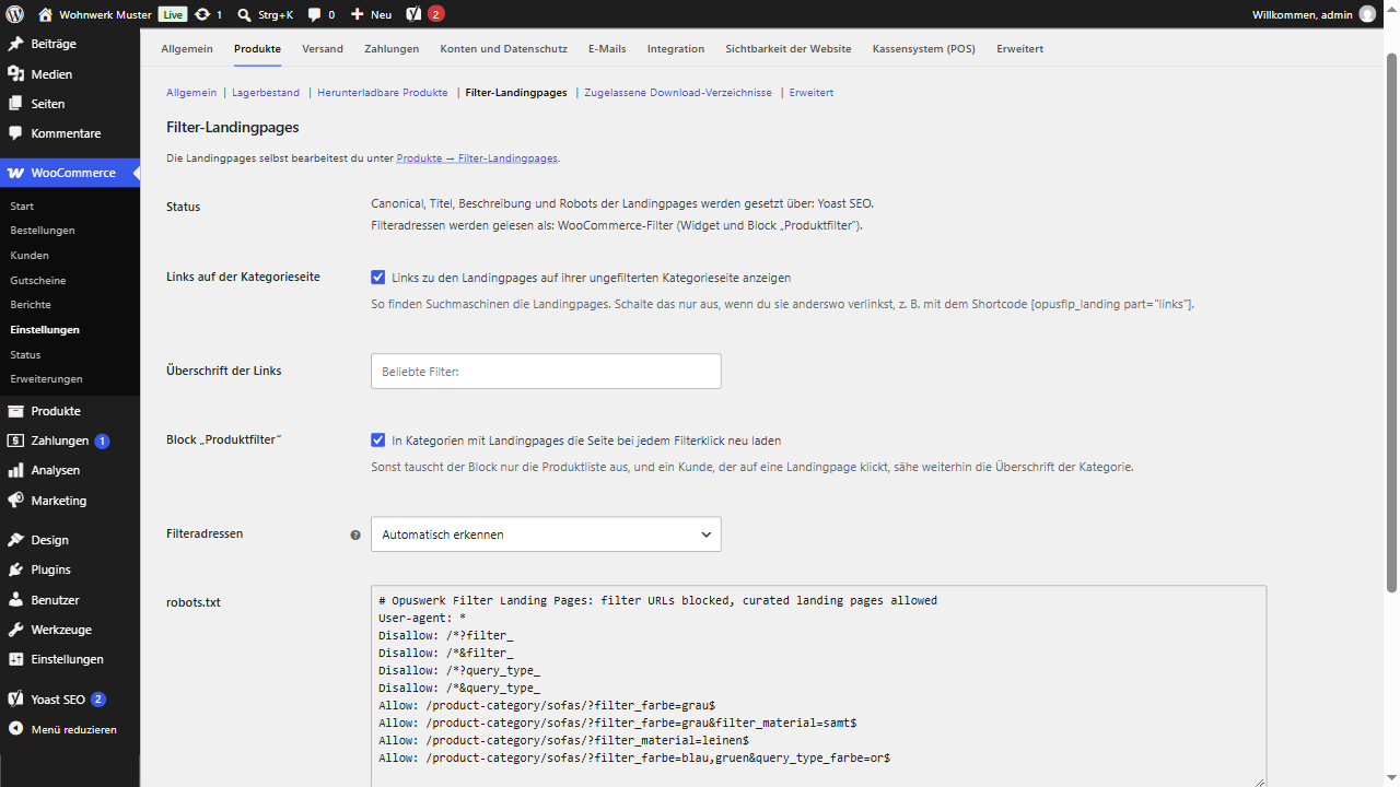The settings section under WooCommerce, Settings, Products, with the robots.txt block to copy.