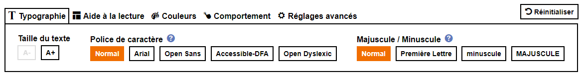 Enlarging characters, changing the fonts and the spacing in the text: useful for dyslexic users, users with vision problems, or simply subject to visual fatigue.