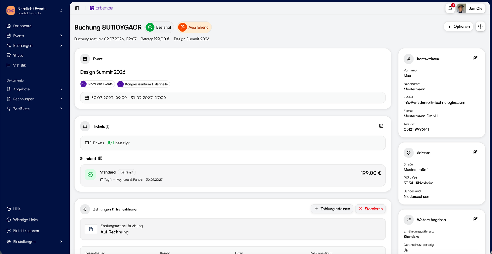Booking details – tickets, payments and contact data
