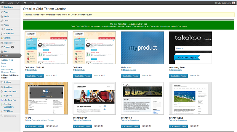 Orbisius Child Theme Creator in Appearance > Orbisius Child Theme Creator - after creating a child theme