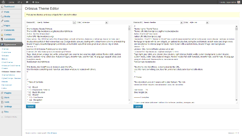 Orbisius Theme Editor in Action from Admin > Appearance > Orbisius Theme Editor