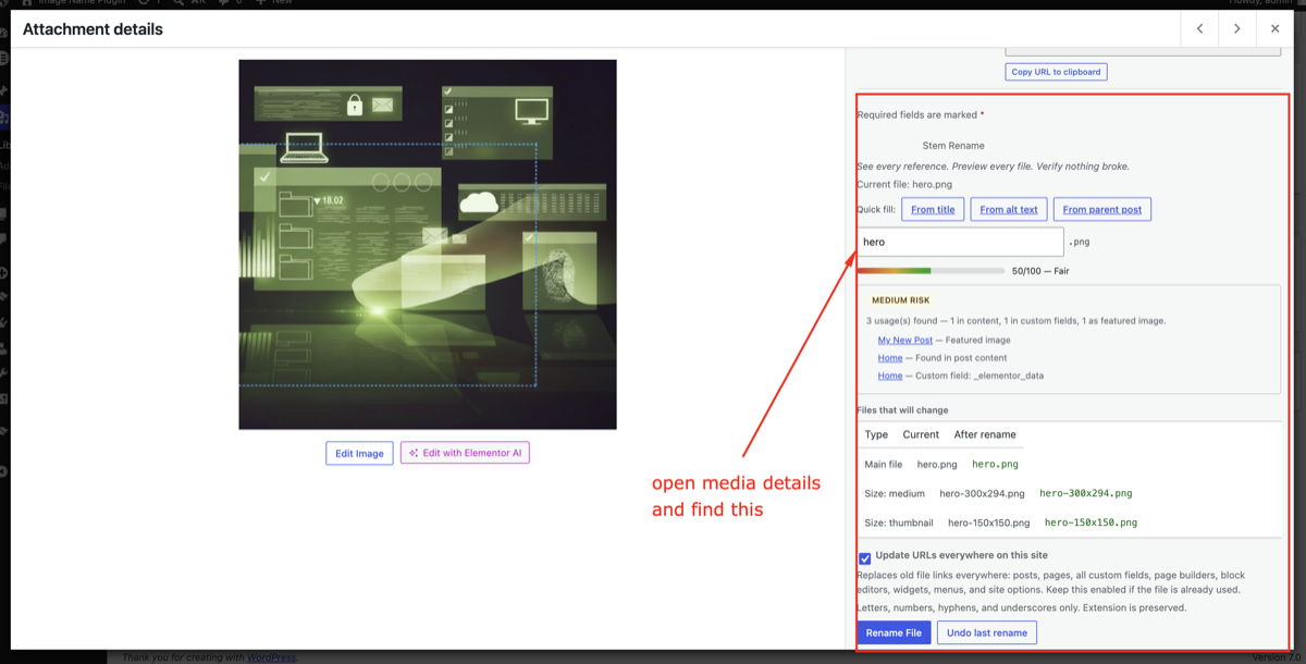 Media Rename panel in attachment details: files that will change, SEO score, usage report and one-click rename.