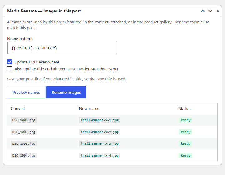 Rename a product's images from the WooCommerce product editor.
