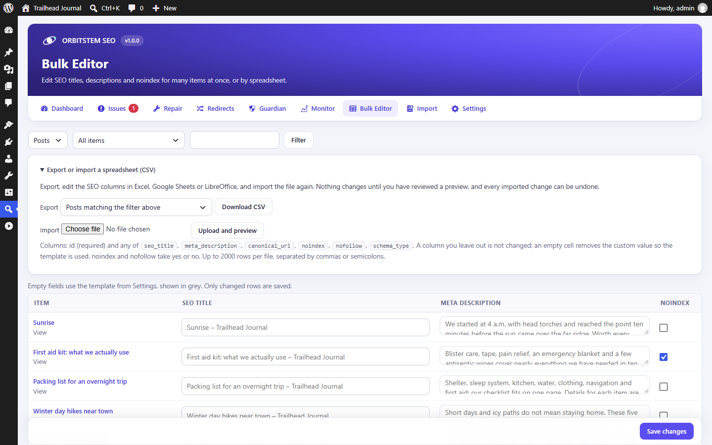 The Bulk Editor edits titles, descriptions and noindex in one table, with CSV export and import.