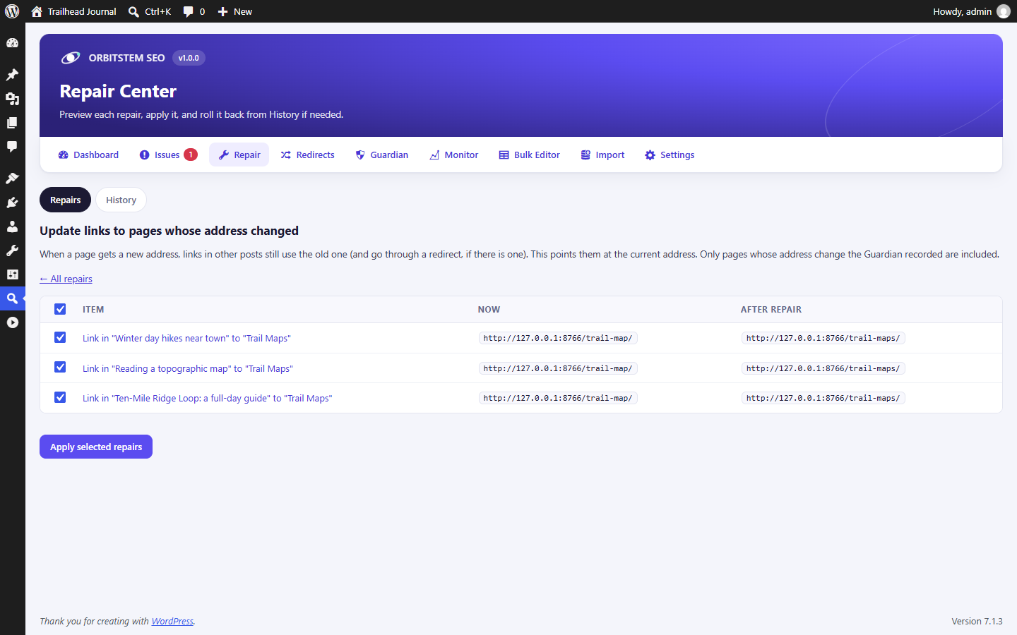 The Repair Center previews every change before it is applied: here, links to a page whose address changed.