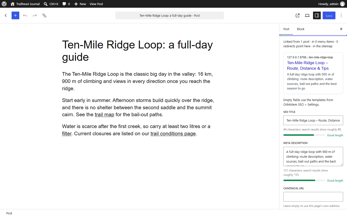 The editor sidebar has a live search-result preview, length guidance and the page's link impact.