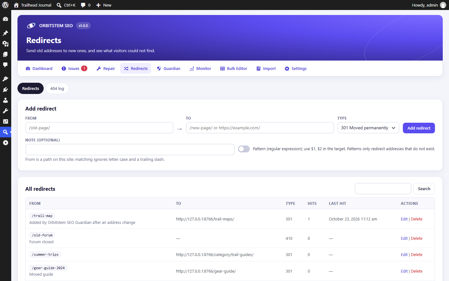 Redirects: 301, 302, 307, 308 and 410, exact or pattern-based, with hit counts.