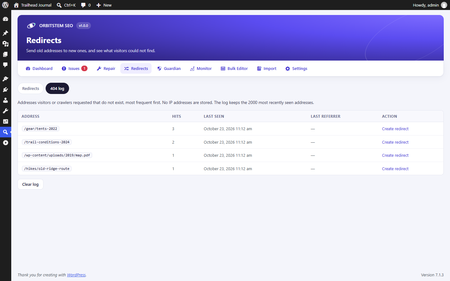 The 404 log shows what visitors could not find, with one click to create a redirect (no IP addresses stored).