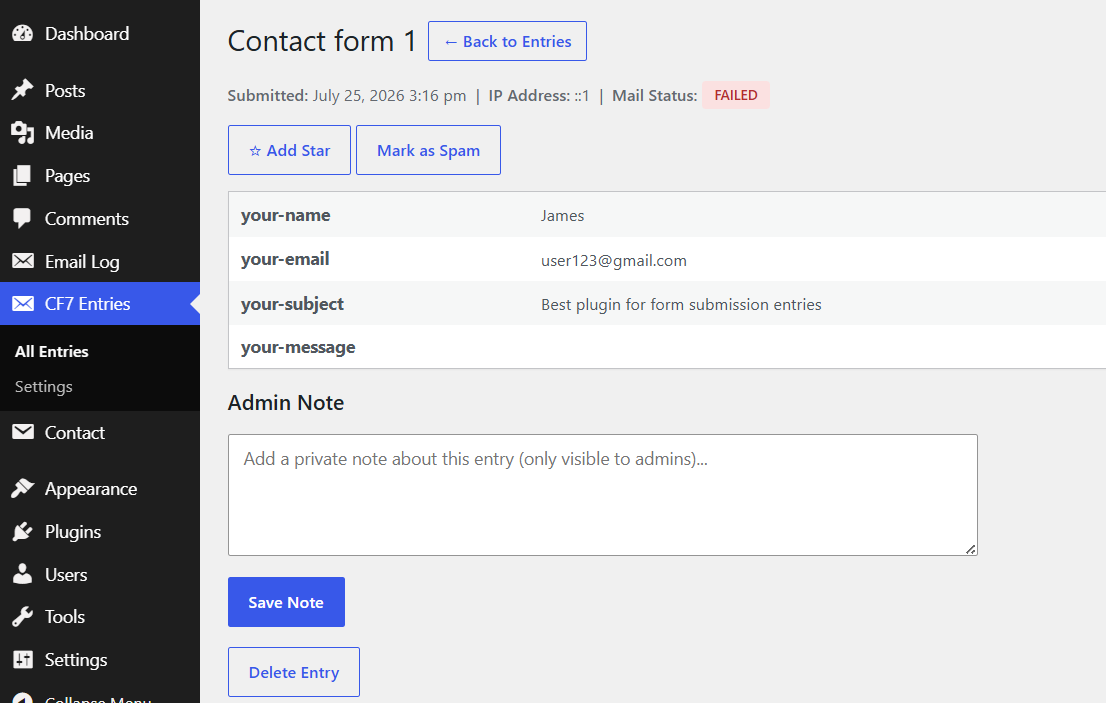 Detailed entry view with admin notes and quick actions