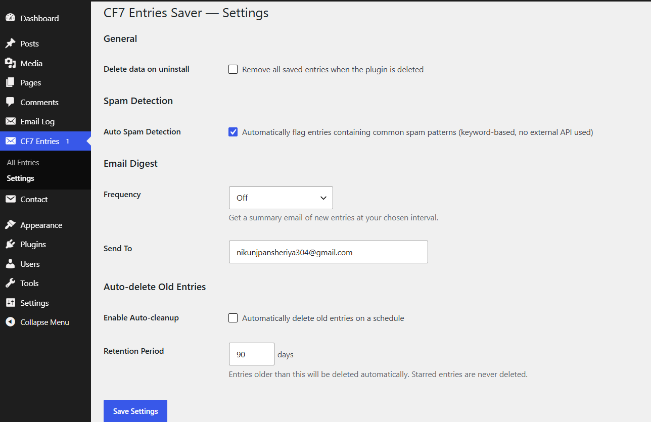 Settings page — configure spam detection, email digests, and auto-cleanup