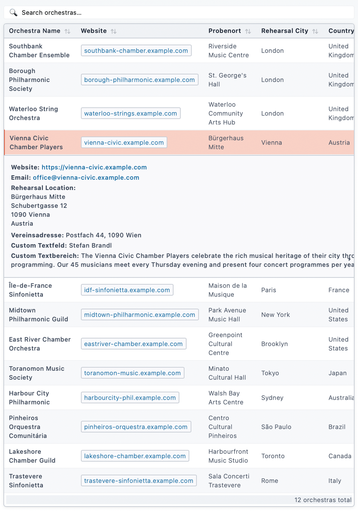 Orchestra list view with search and filter