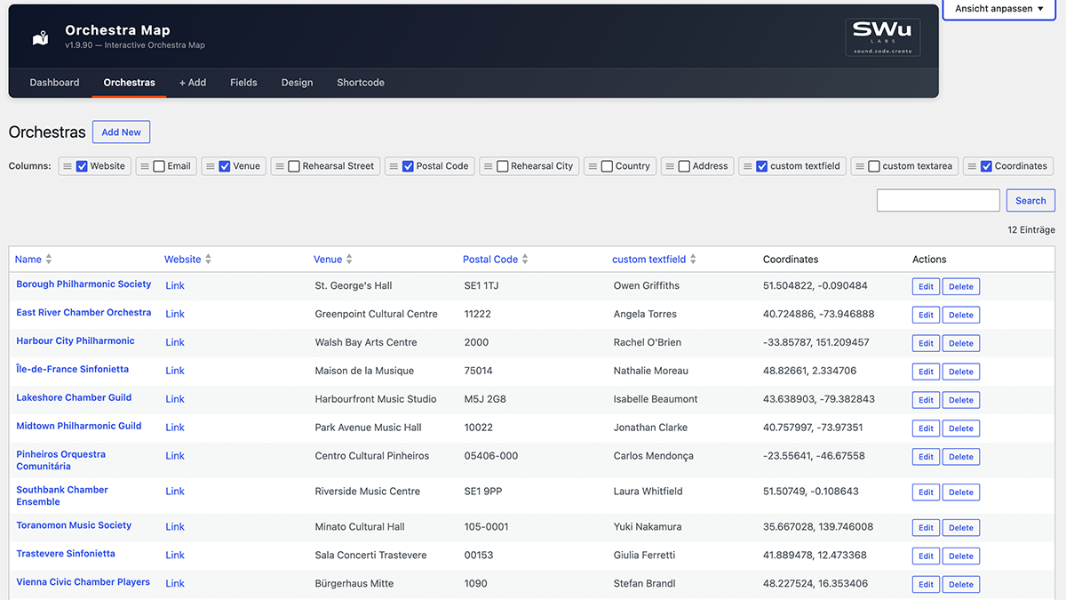Admin – orchestra list with sortable, customisable columns