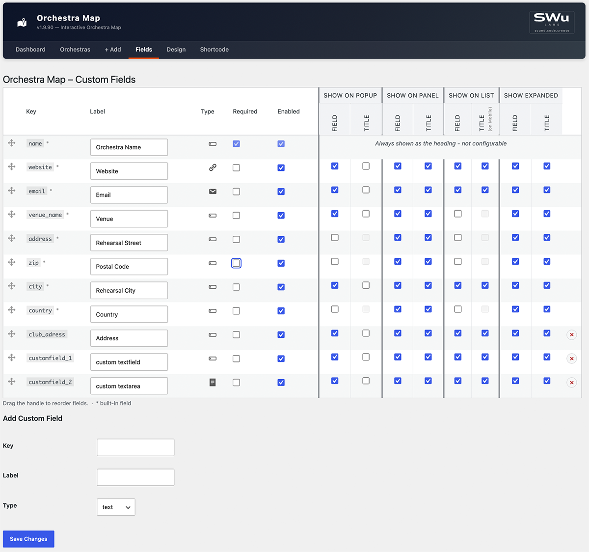 Admin – Fields settings: add, reorder and configure custom fields