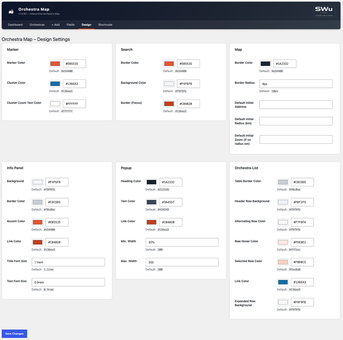 Admin – Design settings: customise map, popup, list and search colors