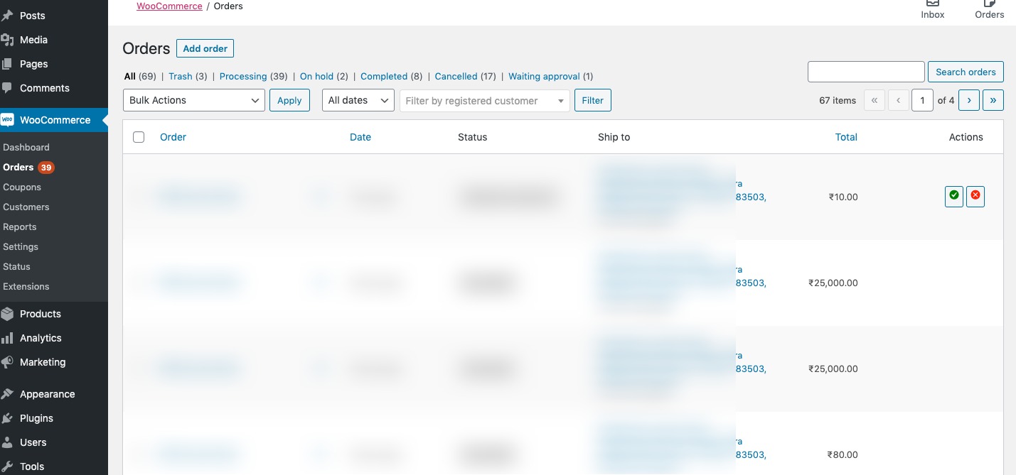 Admin order screen for approval.