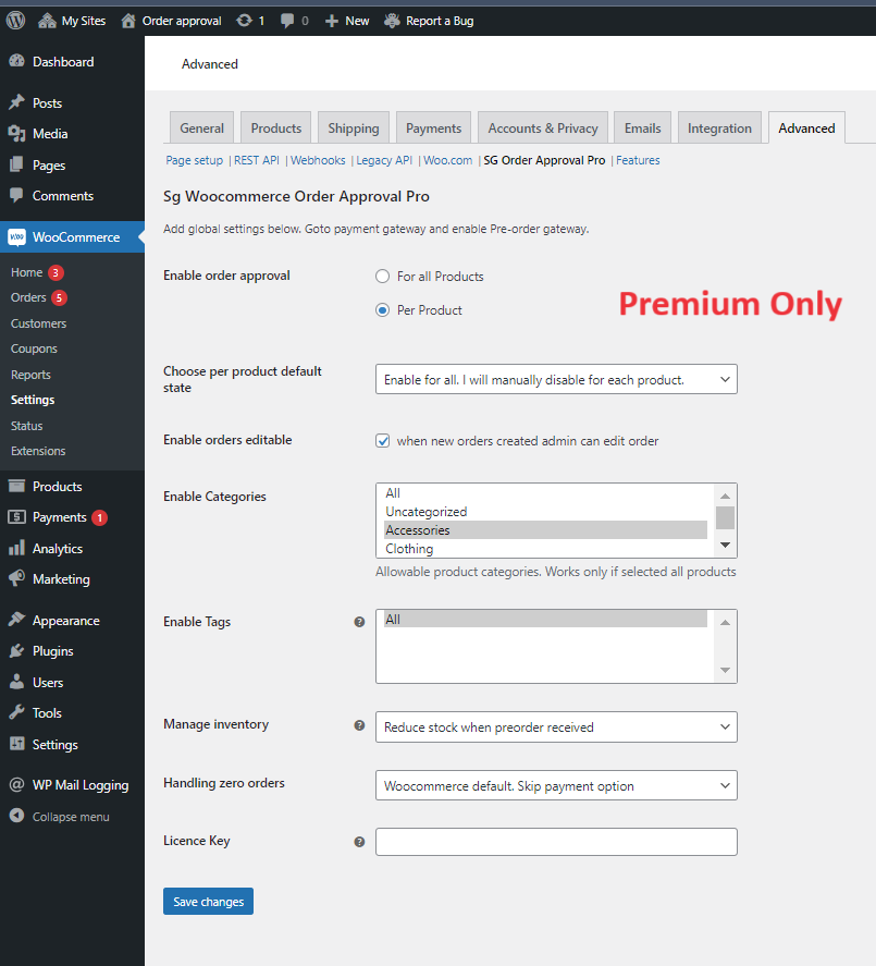 Woocommerce setting page. enable order approval per product or all orders.(Premium).