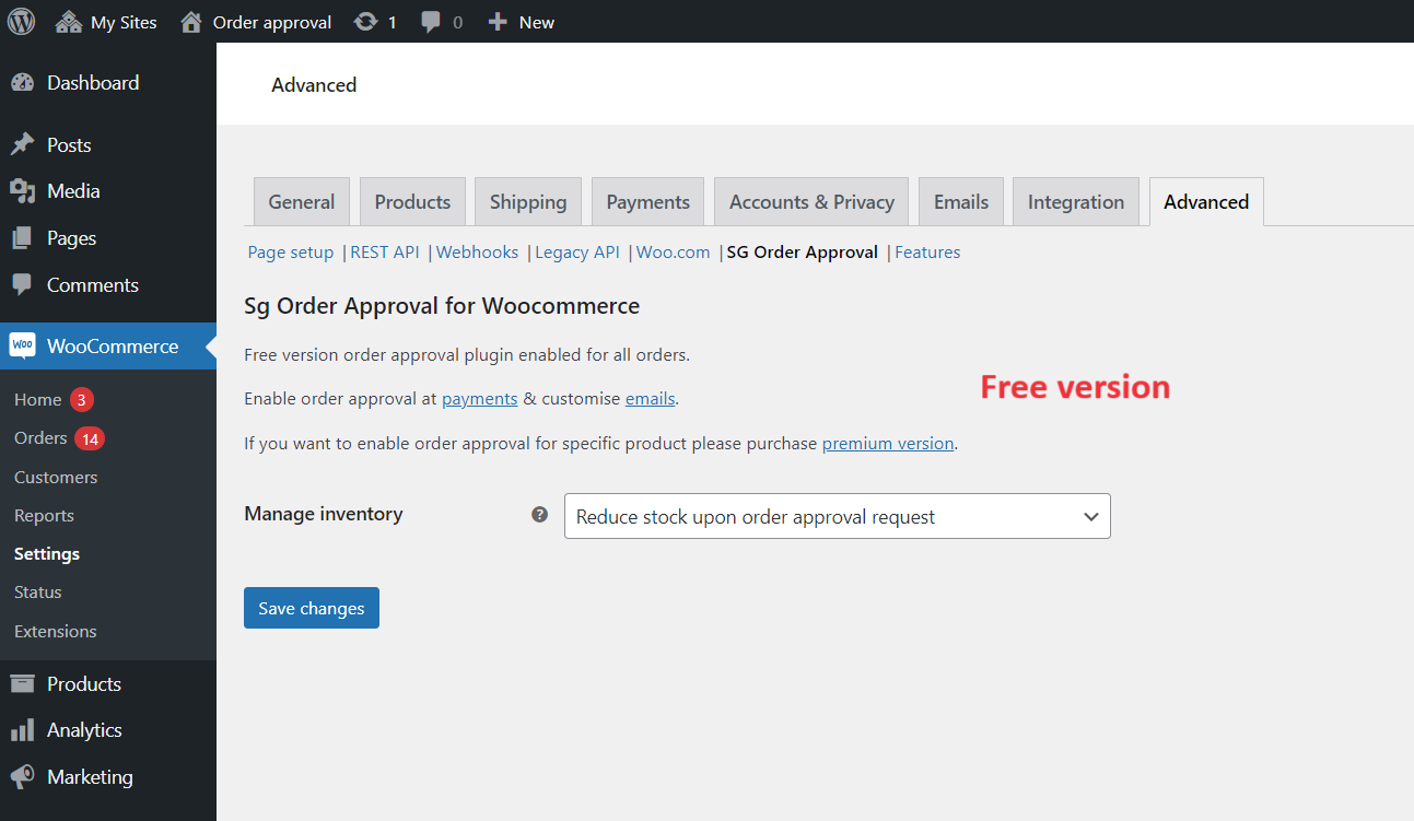 Woocommerce setting page. enable order approval (free version setting page)