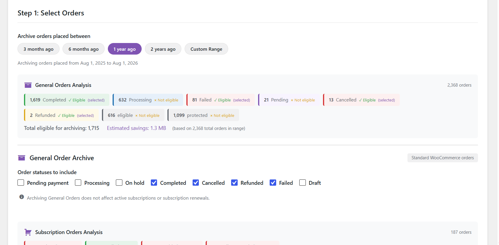 Archive Orders step 1 — filter by date range and order status with live eligibility counts