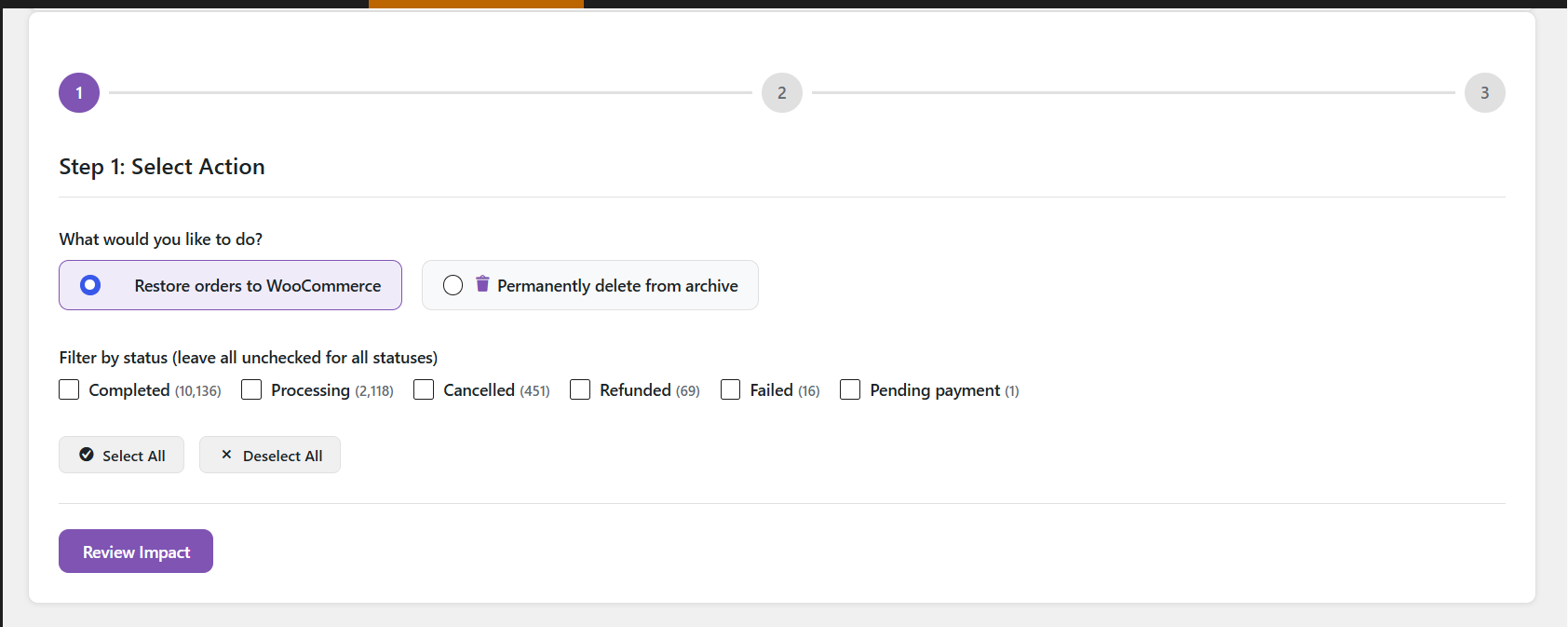 Restore or permanently delete archived orders, filtered by status