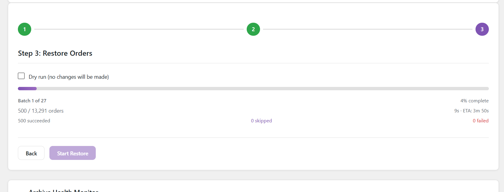 Restore in progress — live batch tracking with success/skip/fail counts