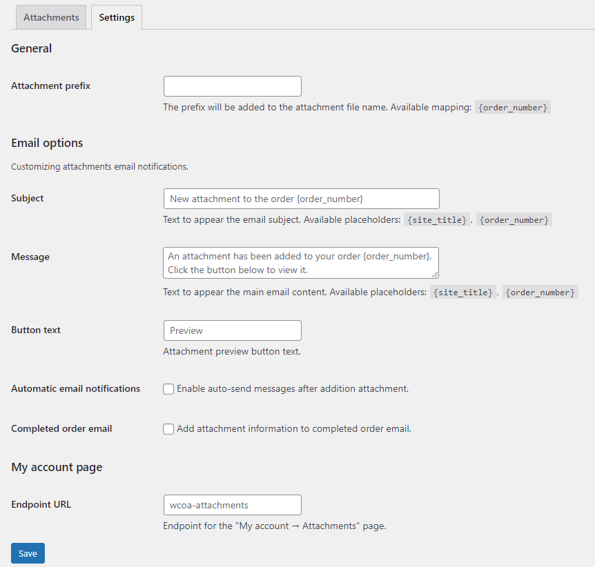 'Attachments' tab - settings.