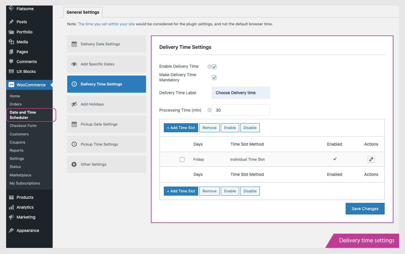 Delivery time settings