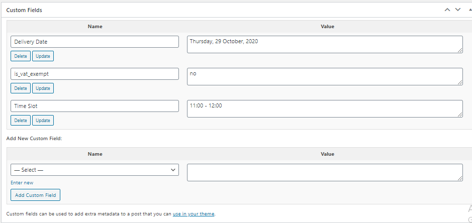 <p>The selected delivery date will be shown in "Custom Fields" on Edit order page</p>