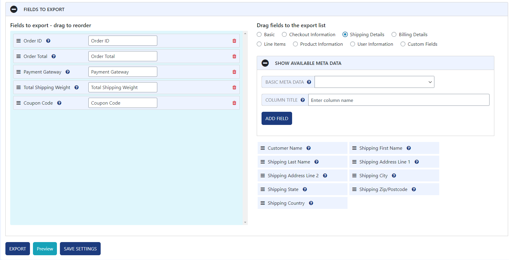 WooCommerce Export - Settings