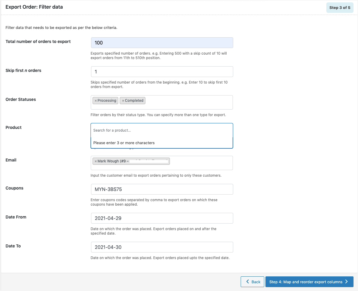 Order export filter options