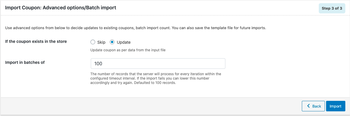 Coupon advanced import options