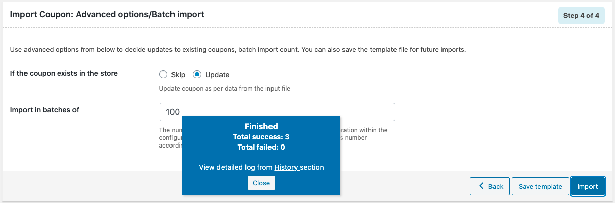 Coupon advanced import completed