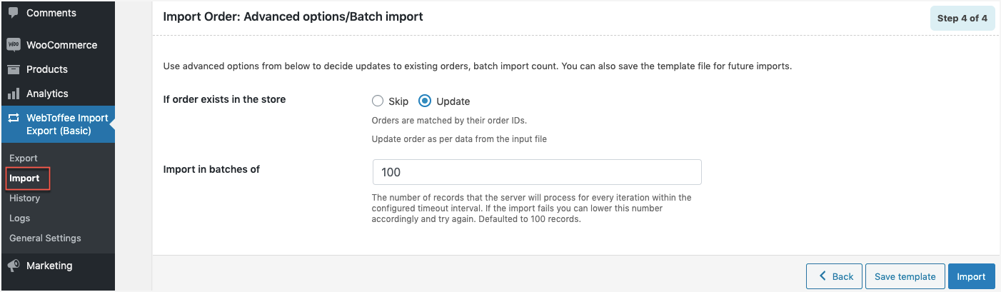 Order import advanced options