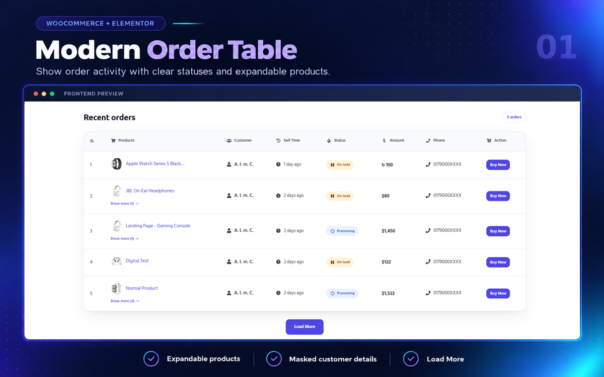 Order List Table Elementor Widget for WooCommerce screenshot 1