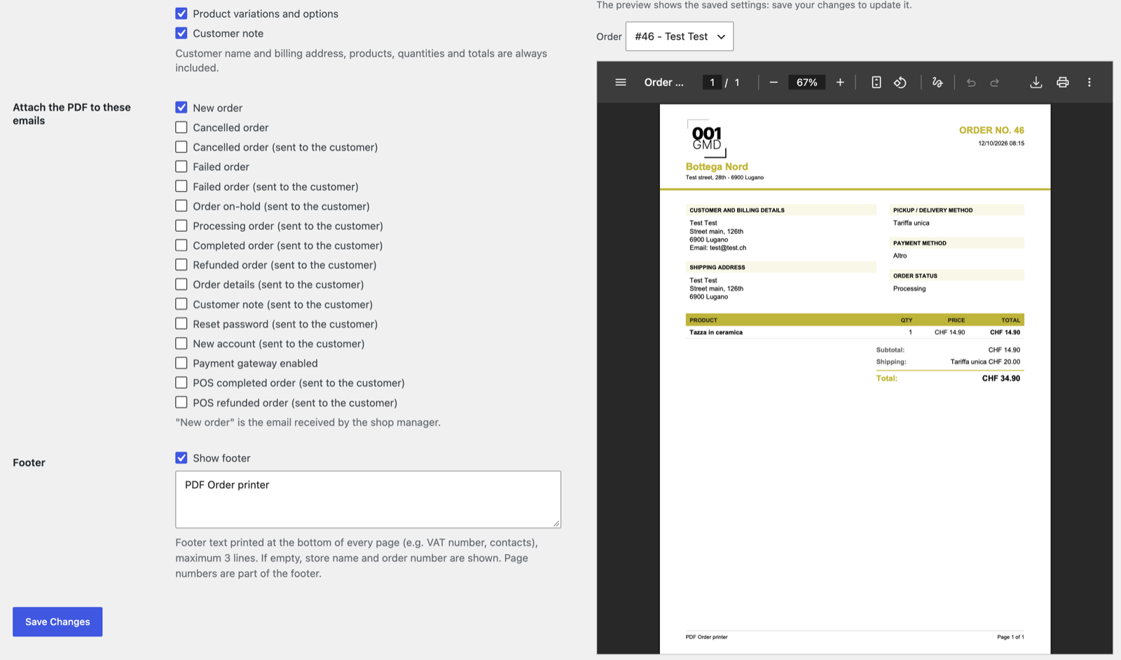 Settings page: emails that carry the PDF and footer options, with the PDF preview.