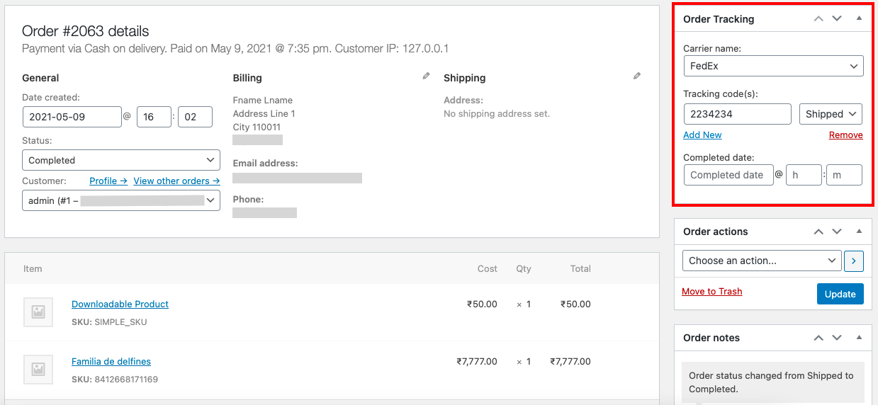 Add tracking details to order
