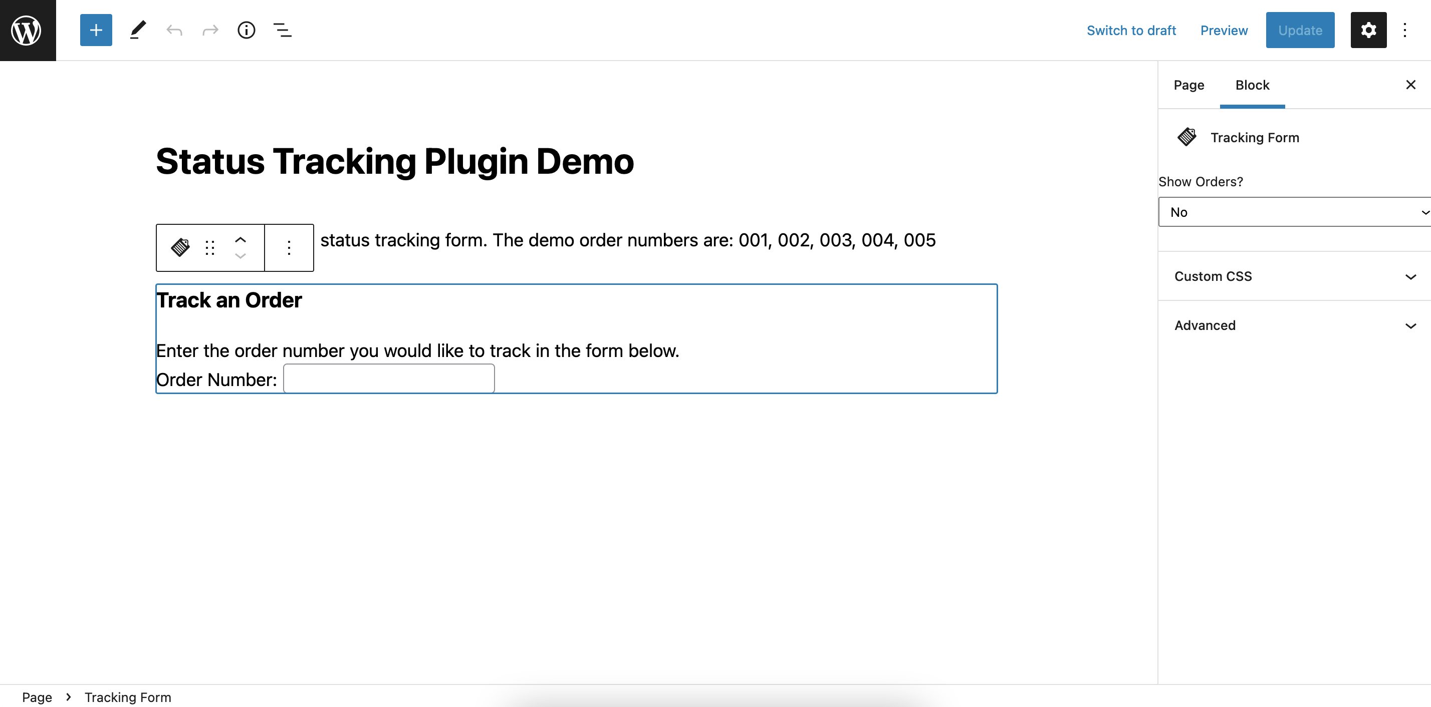 Adding the order tracking Gutenberg block to a page