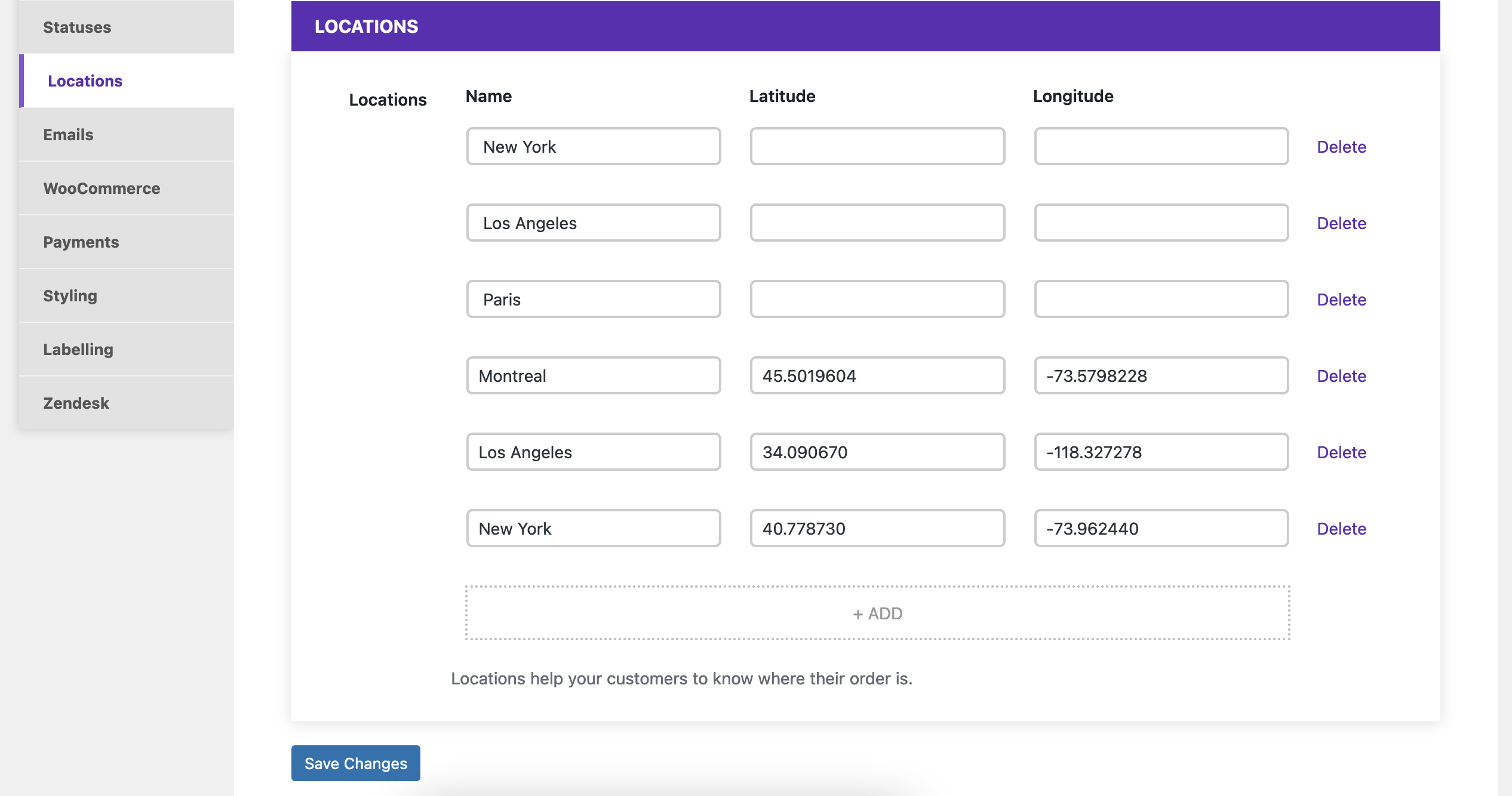 Adding/editing order locations