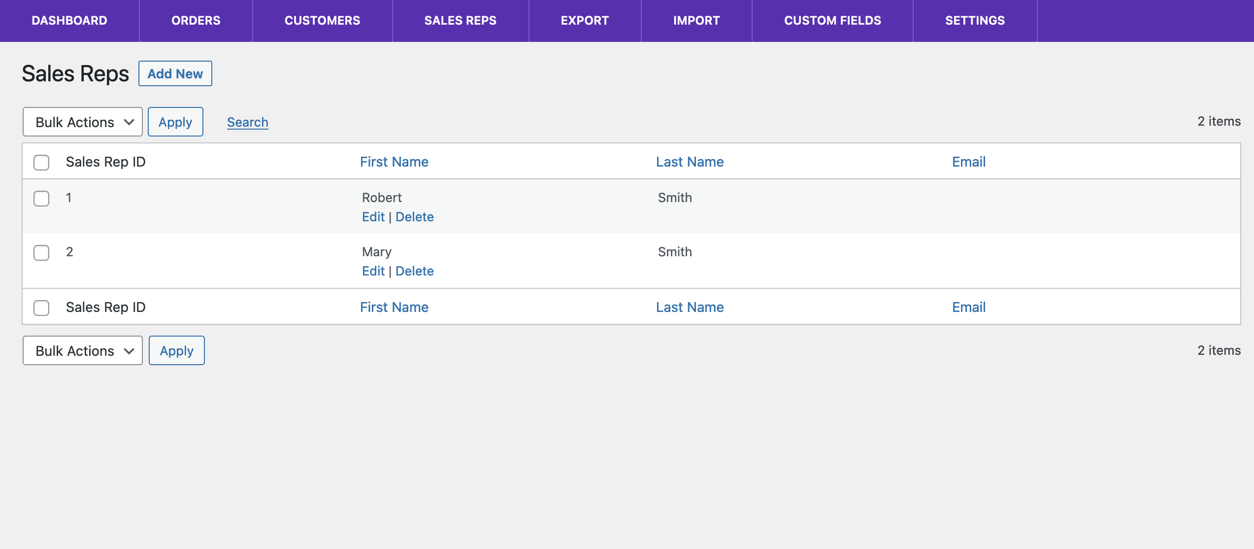 The sales rep overview screen