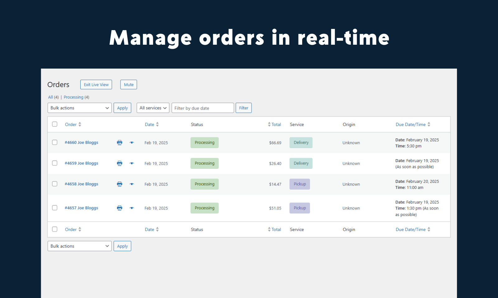 Manage orders in real-time with the live order view page