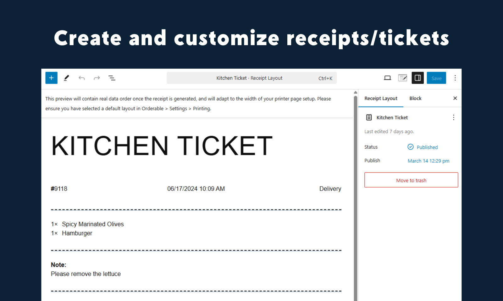 Create and customize receipts/tickets