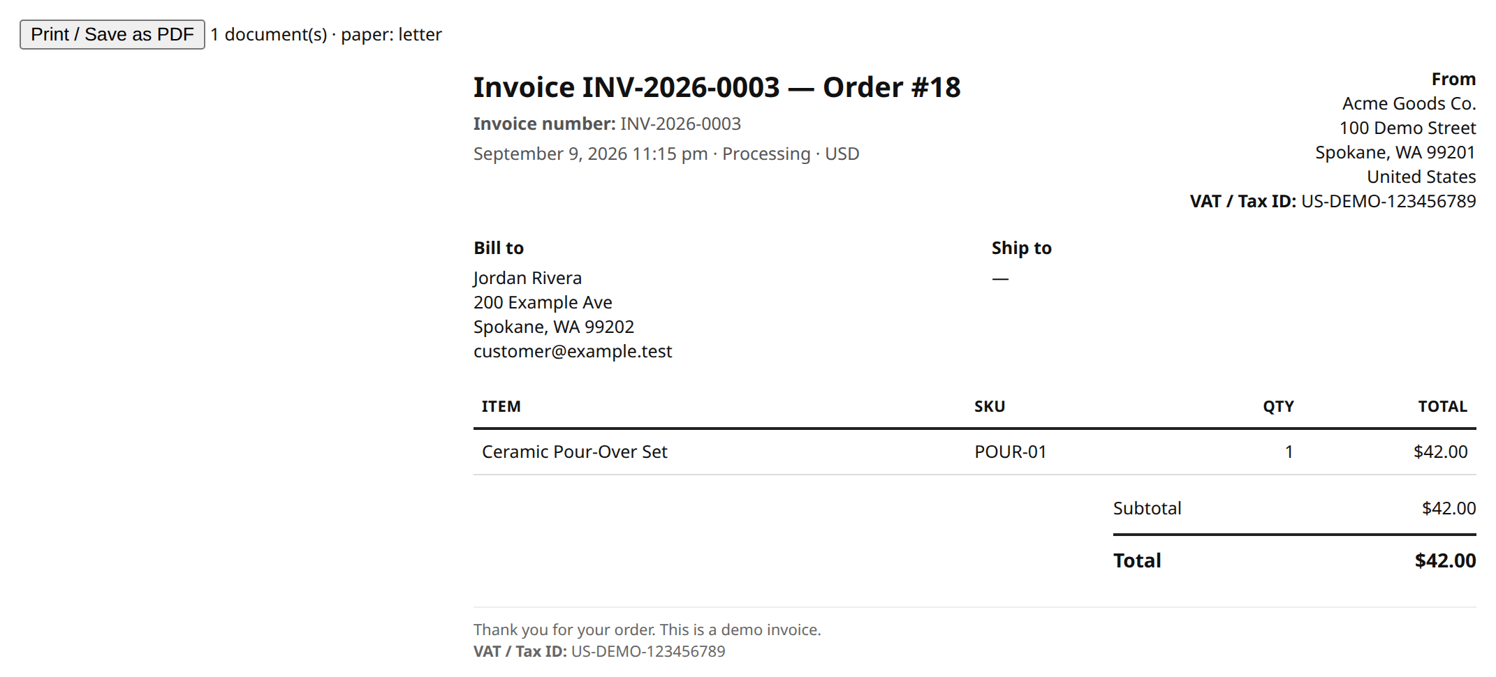 Invoice print view — browser Print / Save as PDF.