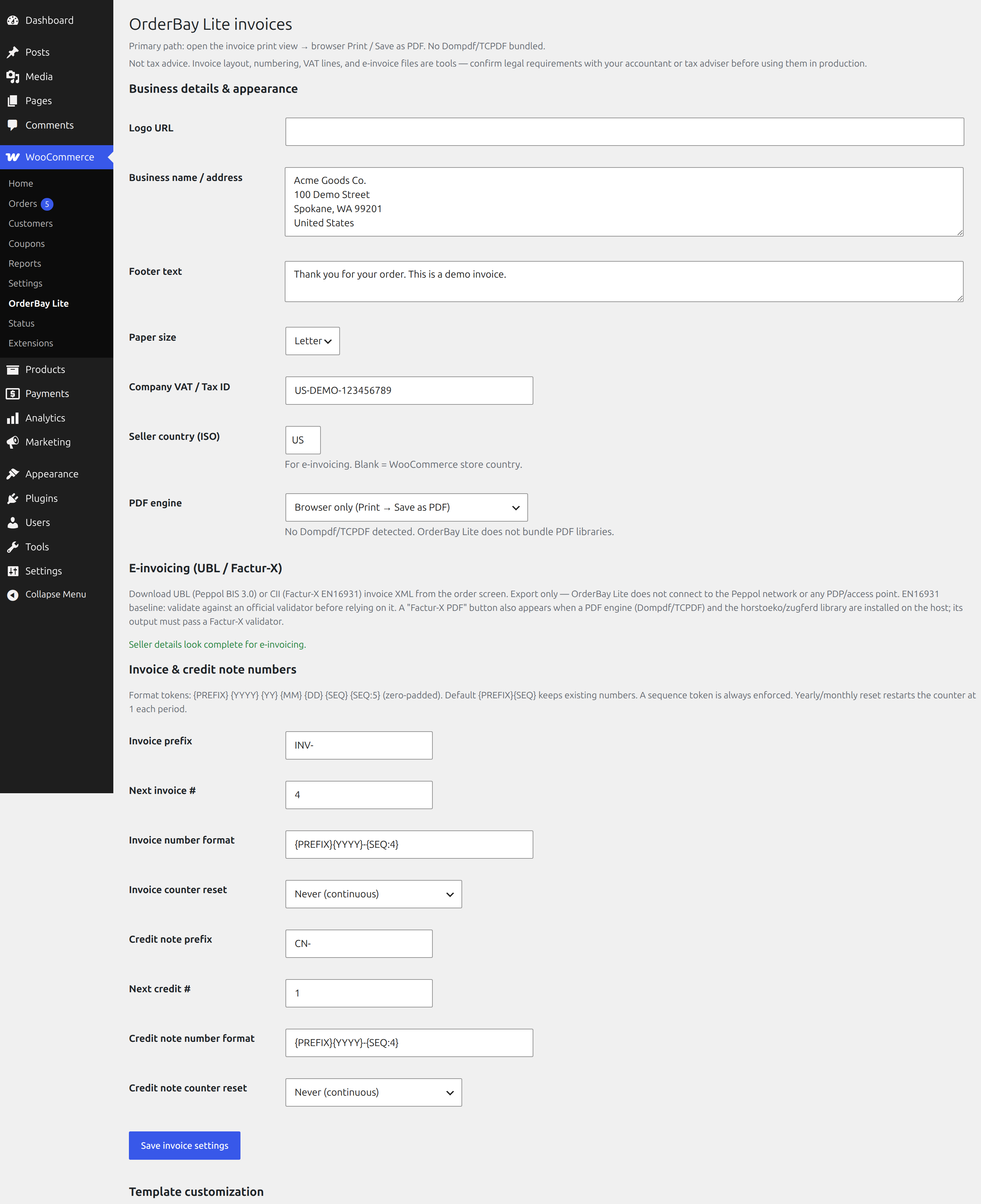 Settings: business details, logo, VAT / Tax ID, and invoice number format with tokens and yearly/monthly reset.