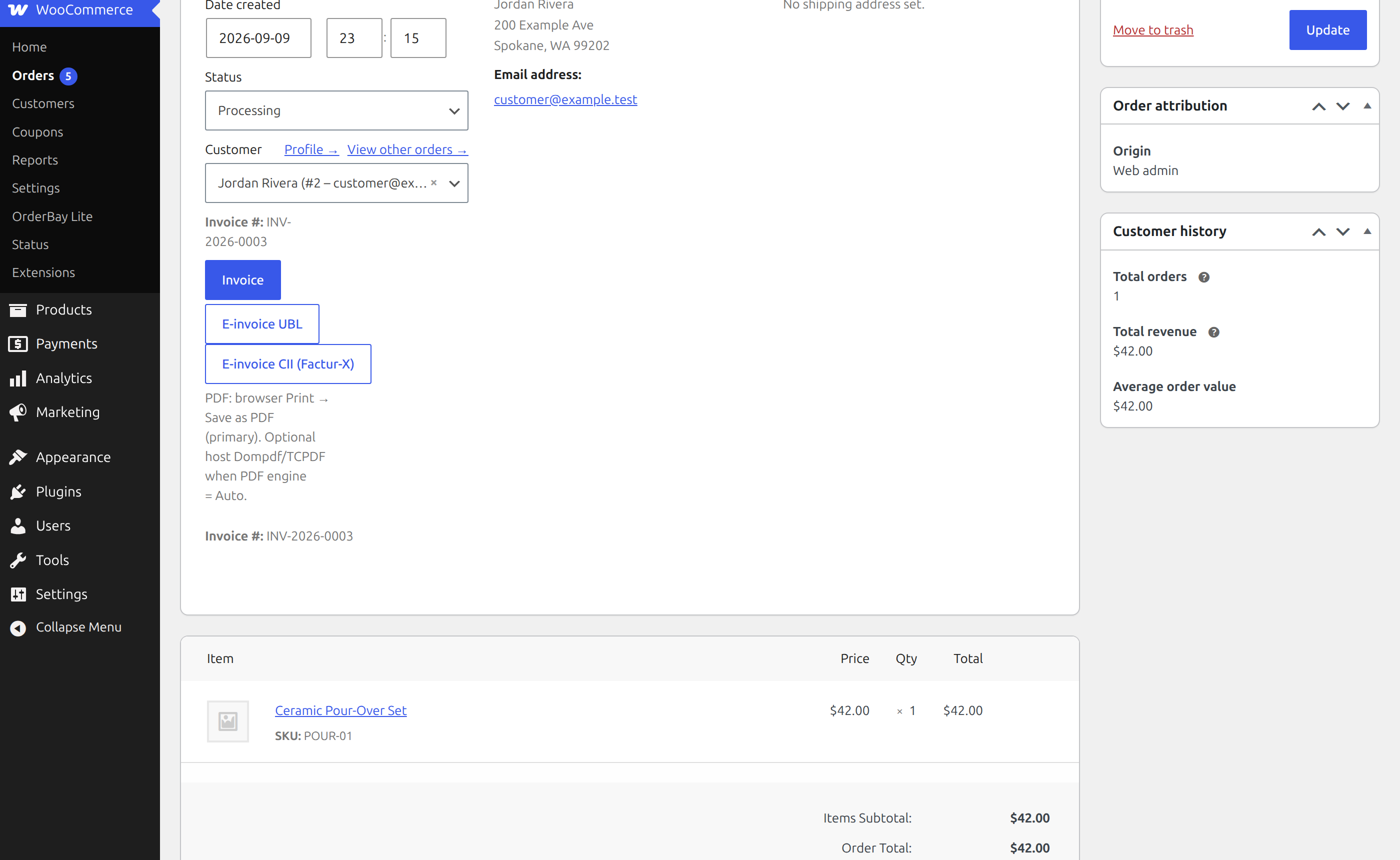 Order screen buttons: Invoice, E-invoice UBL, E-invoice CII (Factur-X).