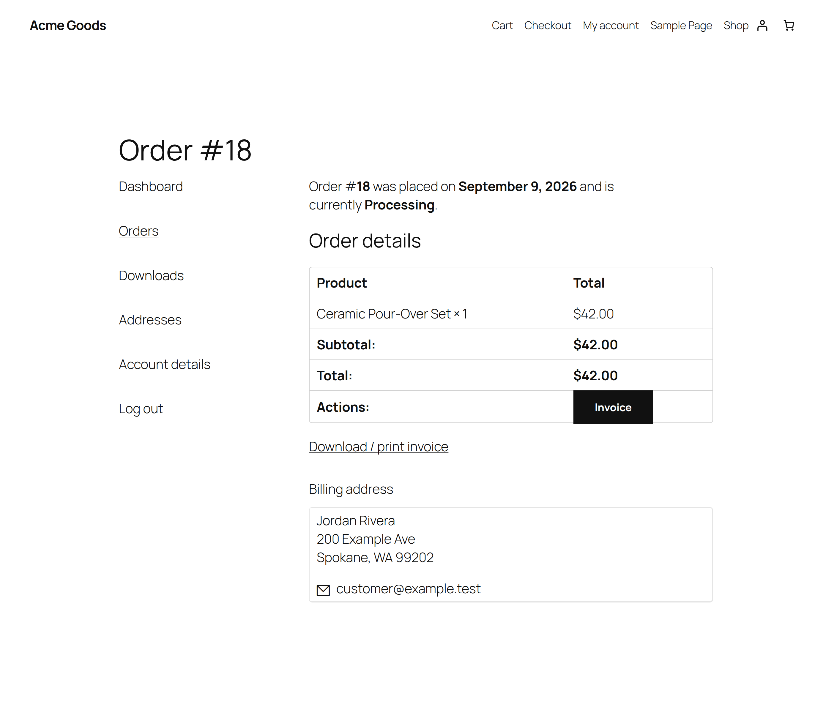 Customer My Account invoice download.
