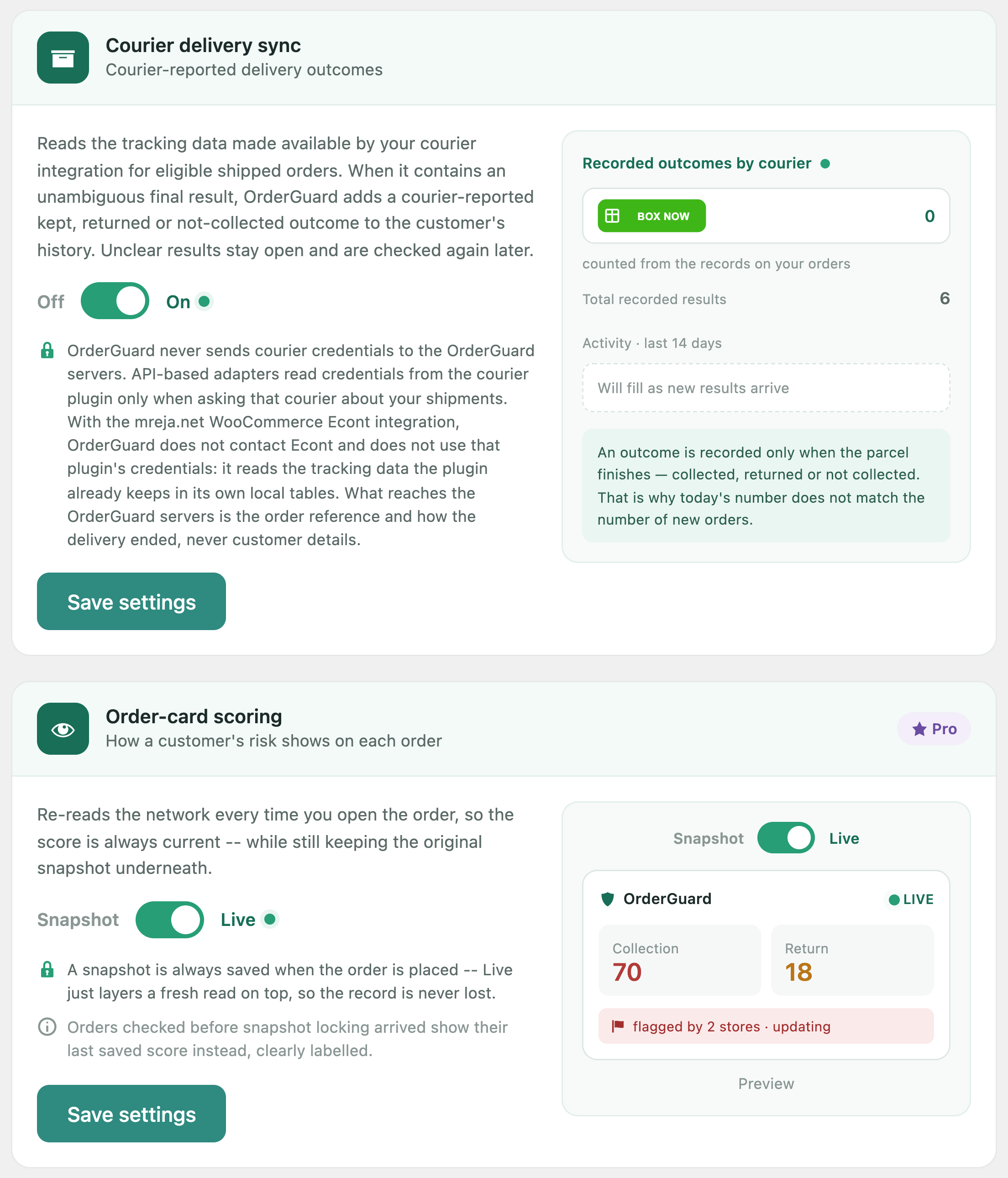 Pro settings for live order-card scoring and courier delivery sync.