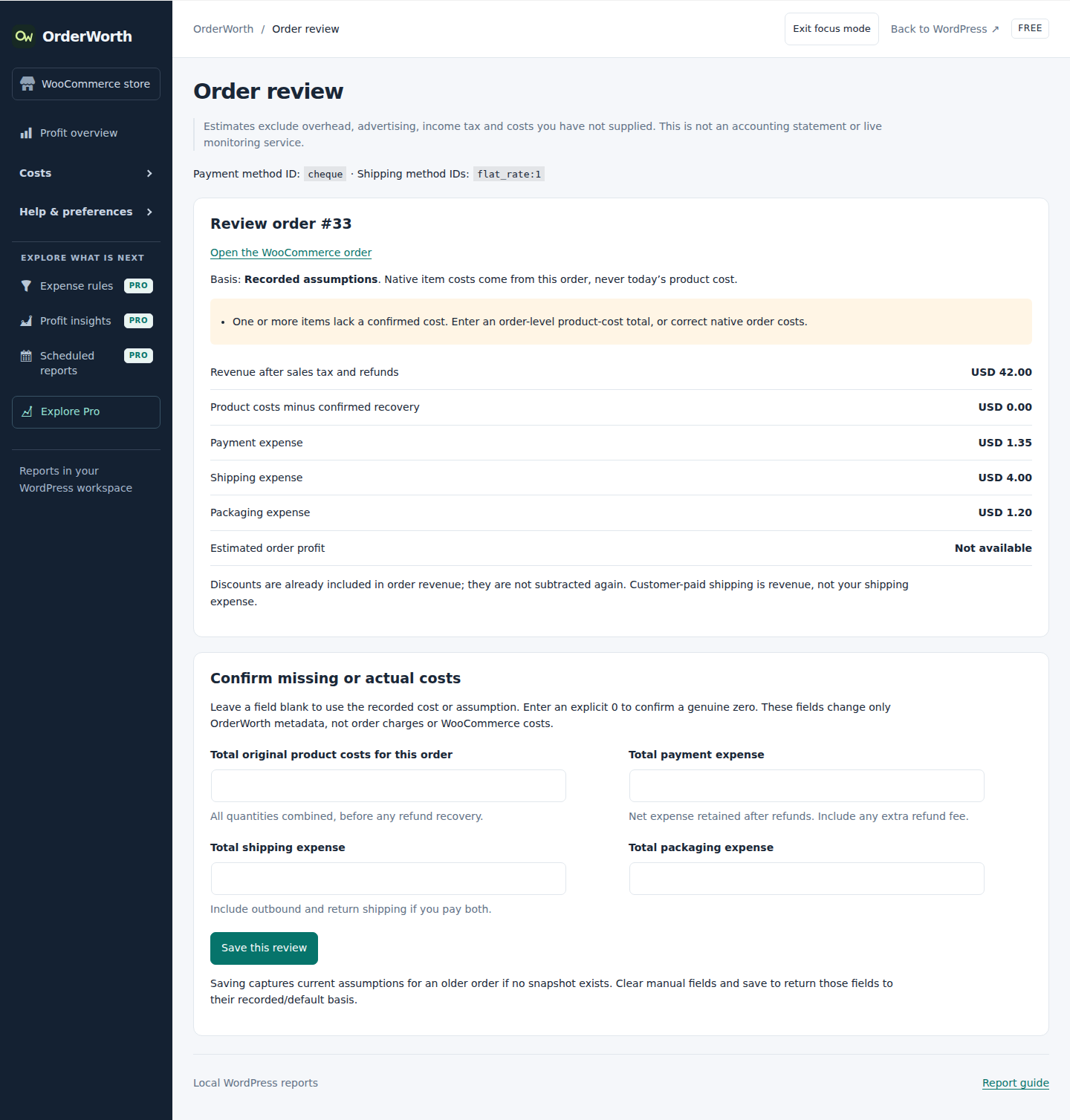 Order-profit review with expenses, a missing-cost warning and manual cost fields. Fictional order.