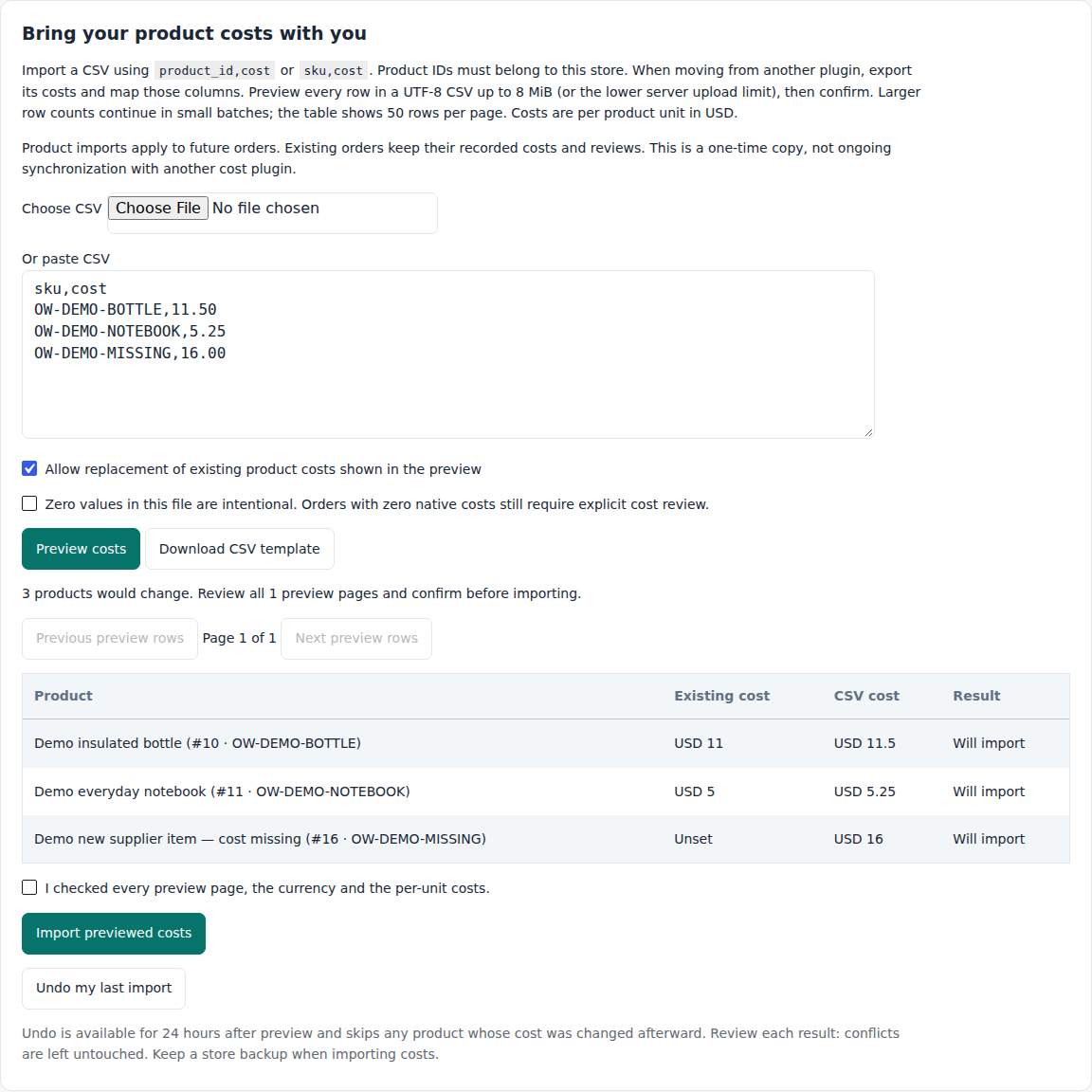 Product-cost CSV preview before applying changes. Fictional products/values; existing order costs stay unchanged.
