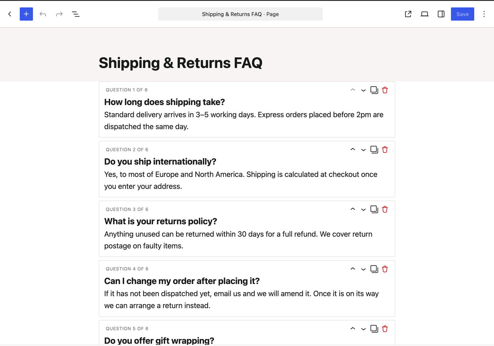 One block holding several questions, with the Add question button and per-question controls.