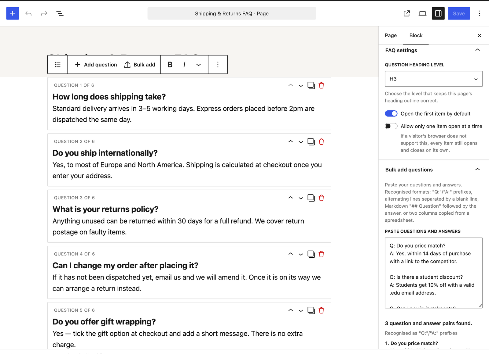Bulk add: paste an FAQ and preview what was parsed before committing.