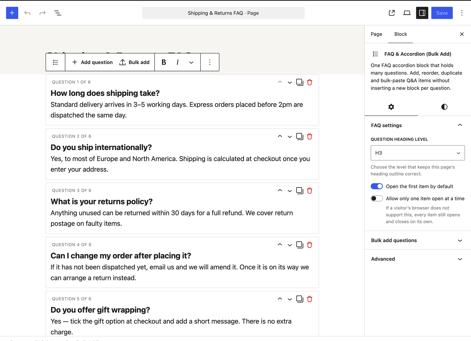 Block settings — heading level, first item open, and one-at-a-time options.